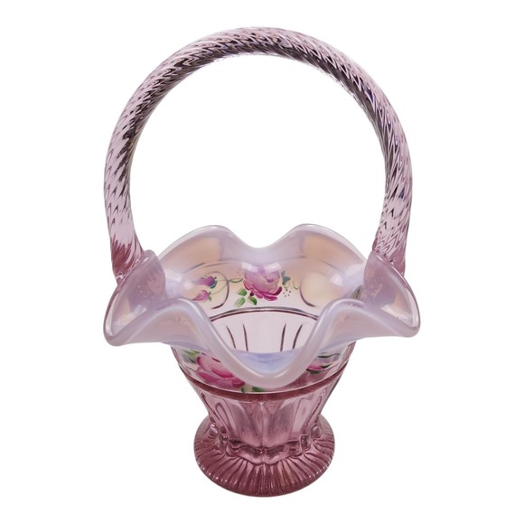 Fenton Artist Signed C. Mackey Hand Painted Pink Opalescent Rose Basket Uranium - Picture 3 of 12